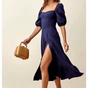 Reformation 4 Belgium Linen $248 Puff Sleeve Midi Dress Cottagecore Danube Navy